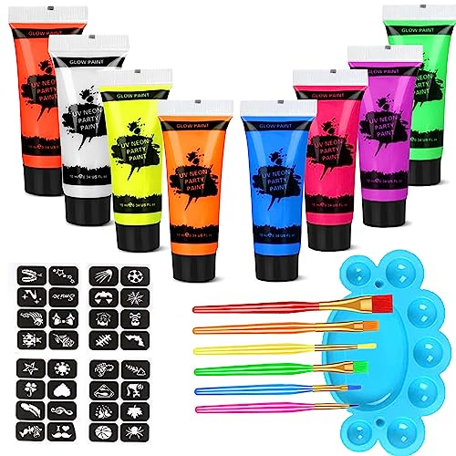 Proamate Neon Face Paints Glow In Dark Face Body Painting Kit Gesichtsbemalung für Kinder Erwachsene UV-Gesichtsbemalung für Geburtstag Party Karneval, Halloween (10 ML)