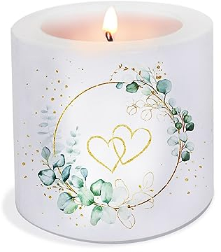 Candela per matrimonio con eucalipto e cuori, decorazione da tavolo, regalo di nozze originale, diametro 8 x altezza 7,5 cm