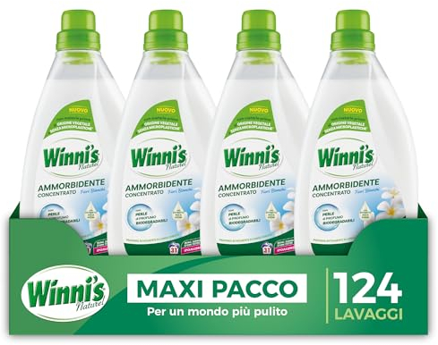 Winni's - Ammorbidente Lavatrice Ipoallergenico Concentrato Ecoformato, 124 Lavaggi, Fragranza Fiori Bianchi, Con Perle di Profumo Biodegradabili, 775 ml x 4 Confezioni