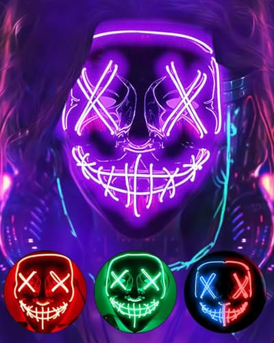 DWTECH Halloween Purge Maske LED Halloween Kostüm LED Glow Scary Light Up Masken für Festival Party Karneval Kostüm Weihnachten Cosplay Glow in Dark (Lila)