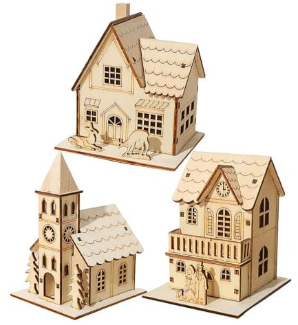 3 Pieces Christmas Village Light-Up Christmas House Small Wooden Christmas Village Miniature LED Christmas Village for Christmas Holiday Table Decoration