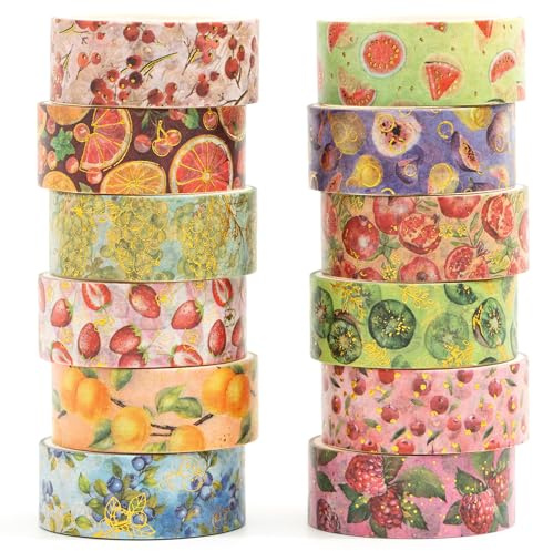 Songdao 12 rullar Washi-tejp – grundläggande motiv – för pyssel, gör-det-själv-hantverk, barn, scrapbooking, gör-det-själv, presentförpackning (fruktfest)