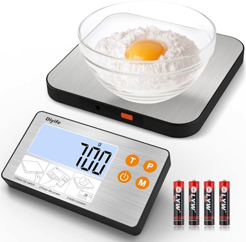 Bilancia da Cucina 15kg, [Grande LCD Display /1g/15KG] Diyife Bilancia Alimenti, Bilancia Cucina Digitale con 7 Unità, Acciaio Inossidabile, con Funzione Tare,per Cucina,Baking,Casa,4 Batterie Incluse