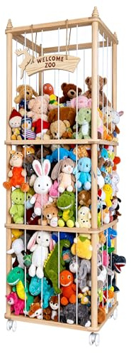 Qivine Soft Toy Storage Zoo with 360° Lockable Swivel Wheels & Elastic Band | Large Wooden Stuffed Animal Storage Cage, Space Save Cuddly Toy Storage Shelf for Kids Room Nursery Playroom Bedroom