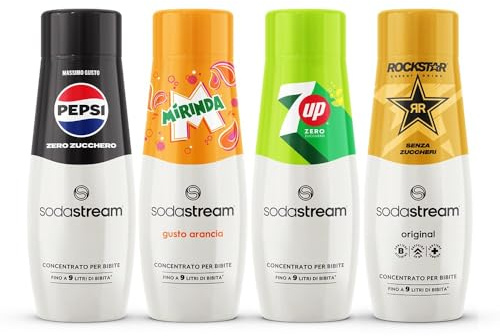 Sodastream 4 Concentrati Pepsi Max + Mirinda + 7up Free + Rockstar Zero ideali per realizzare rapidamente 9 litri di bevanda