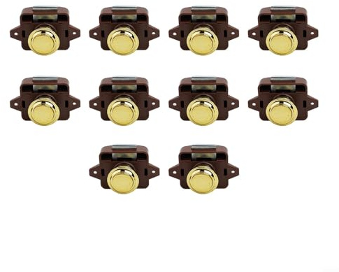 Besttoolifes Cerradura de botón para puerta de cajón de armario, paquete de 10 cierres con resorte para caravana, caravana, sin llave, accesorios de aleación de zinc ABS de 14 a 16 mm (oro marrón)