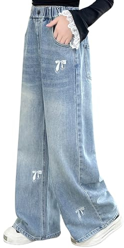Rolanko Lösa jeans för flickor, hög midja och breda ben denimbyxor för pojkar 6–15 år
