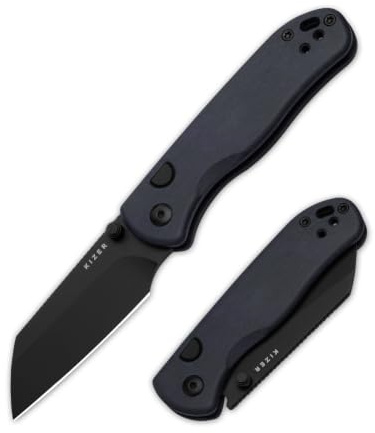 Kizer Drop Bear 2 EDC fickkniv, Nitro-V fårfot blad fällkniv | 7,51 cm blad blå Richlite-handtag, knappliner-lås EDC-kniv med räfflad rygg för män kvinnor V3619.2CS1