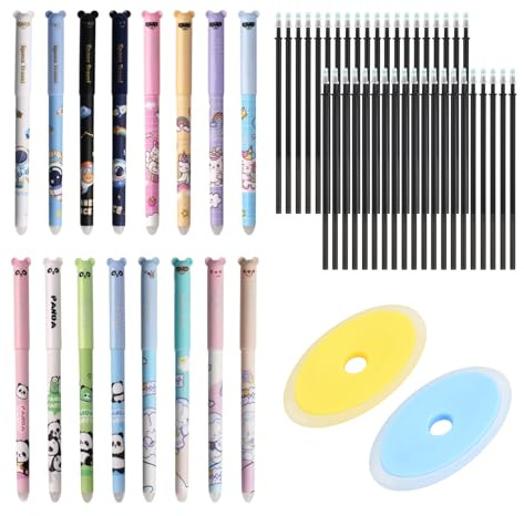 Aohyue 16 Stück Radierbare Gelstifte, 0.5mm Radierstift mit 20 Ersatzminen und 2 Radierern, Tiermuster Gelstifte Radierbar für Schule Büro, Schwarze Mine