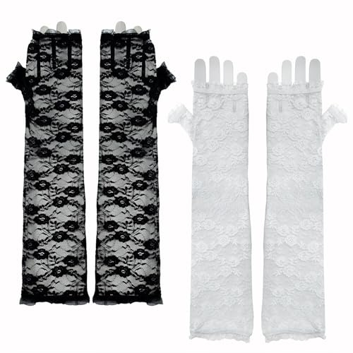 2 par långa fingerlösa spetshandskar för kvinnor, spetshandskar armbågslängd blommig damkostym accessoarer vintage kvällshandskar för bröllop fest teparty operafest kostym (vit/svart)