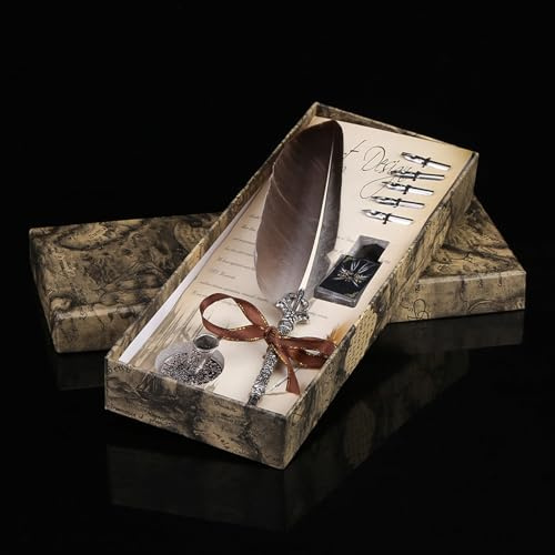 Jelquix Feather Dip Quill Pen Set med 5 Spetsar, Elegant Skrivbläck Brevpapper Presentask för Antikälskare, Naturlig Fjäder, Legering, Svart, Engelsk Kalligrafi, 20–30 Bokstäver per Dopp för