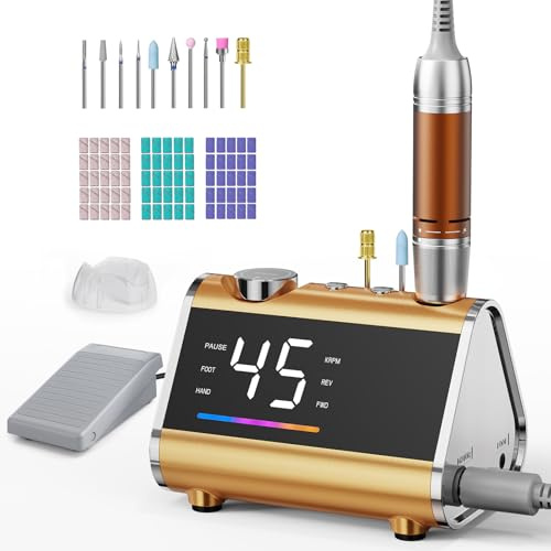 HOMEASY Torno para Uñas Profesional 45000 RPM, Máquina Pulidora de Uñas Eléctrica con Pantalla LCD HD y Pedal, Bajo Ruido y Vibración, Kit con 10 Brocas y 75 Bandas de Lijado para Uso en Casa y Salón