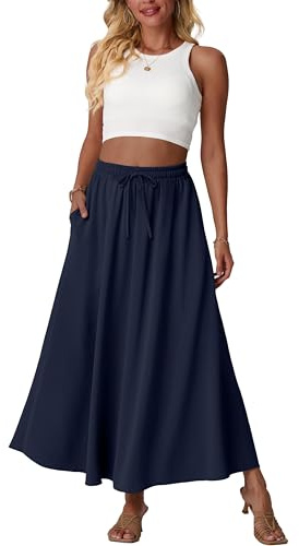 QIXING Women's Long Flowy Maxi Skirt High Waisted Boho Summer A-Line Skirts for Women UK Elasticated Waist with Pockets