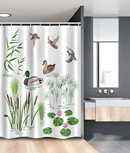 Ambesonne Rubber Duck Stall Shower Curtain, Lake Animals and Plants Lily Flowers Reeds Cane in The Pond Nature Park, Fabric Bathroom Decor Set with Hooks, 54 W x 78 L, Green White