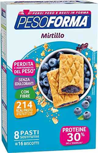 Pesoforma Biscotti ai mirtilli, pasto proteico sostitutivo, per tornare in forma con gusto, solo 214 calorie, nuovo formato, 16 biscotti, 8 pasti sostitutivi, 33 g