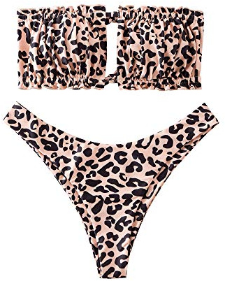 ZAFUL Ensemble bikini bandeau à épaules dénudées avec cordon de serrage et volants pour femme, Motif léopard, M