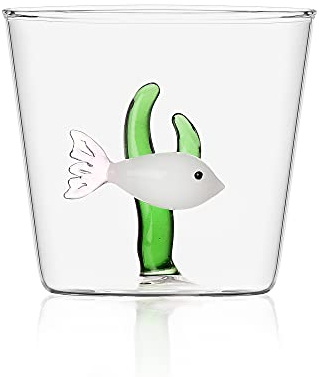 Ichendorf Milano Tumbler con Pesce Bianco e Alga Verde | Collezione Marine Garden | 35 cl | Vetro Borosilicato | Fatto a Mano