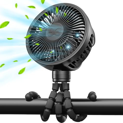 GUSGU Barnvagnsfläkt med klämma, flexibel tripod & uppladdningsbart batteri, liten personlig fläkt, mini portabel fläkt för resor, handhållen, bil (Svart)