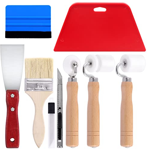 Glarks 9 piezas de juego de herramientas de alisado para papel tapiz que incluye 3 rodillos de costura plana, 2 escobillas de alisado, 1 cepillo de pintura, 1 cuchillo de masilla y 1 cuchillo de