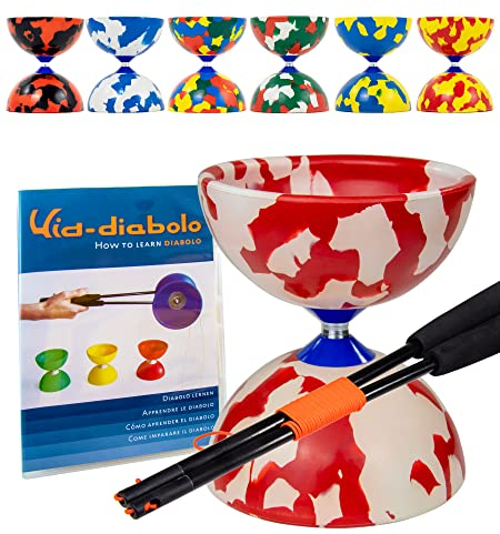 Juggle Dream Jester Diabolo Jonglierset – Fester Achse Profi-Diabolo mit Superglass-Handstäben, Online-Lernvideo – Jonglierspielzeug (Rot/Weiß)