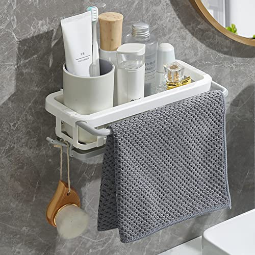 SEIYOGDS Estante de Almacenamiento para Fregadero Organizador Sink, Especiero con Toallero y 2 Ganchos, Estante de Pared Sin Perforaciones con Desagüe de Canalón para Baño y Cocina (Blanco)