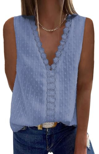 Bipily T-shirt för kvinnor Chiffong V-Neck Spets blus Kortärmad Elegant och grundläggande Solid Färg Toppar, C-blå, XXL