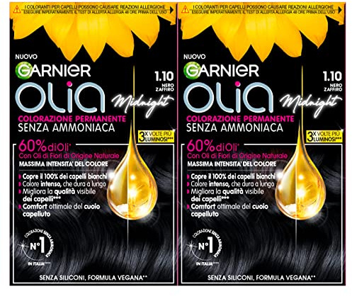 Garnier Olia Teinture Permanente pour Cheveux Sans Ammoniaque Coloration aux Huiles de Fleurs Naturelles à Action Illuminante et Nourrissante Couleur 1.10 Noir Saphir-2 Packs, 460.0 millilitres