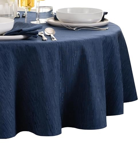Elrene Home Fashions Continental Solid Texture Water, Stain & Wrinkle Resistant Tablecloth, 90 Round, Navy