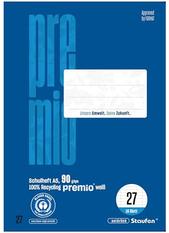 Staufen premio Schulheft - 10 Hefte je 16 Blatt, DIN A5, Lineatur 27 (9mm liniert m. Randlinie), 90 g/m² Recyclingpapier, runde Ecken verhindern „Eselsohren“
