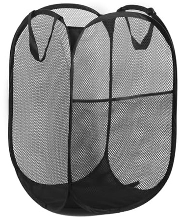 NUZAMAS Panier à linge pliable en maille avec poche latérale, panier pour vêtements sales avec poignées, pour salle de bain, chambre à coucher, dortoir d'étudiant, noir