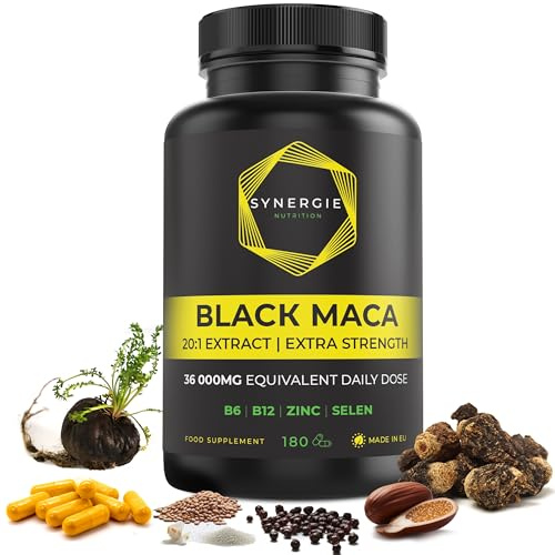 Black Maca di Synergie Nutrition – 1800 mg di estratto di radice di Maca Nera 20:1 – con Zinco, Selenio, Vitamina B6 e B12 – 180 capsule – integratore alimentare