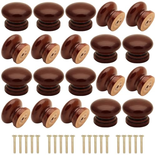 Cangder 20Pcs Wood Dresser Knobs, Brown Mushroom Shape Wooden Furniture Cabinet Knobs Single Handle Pulls with Screws (Diameter :1.3 inches, Height :1 inch)