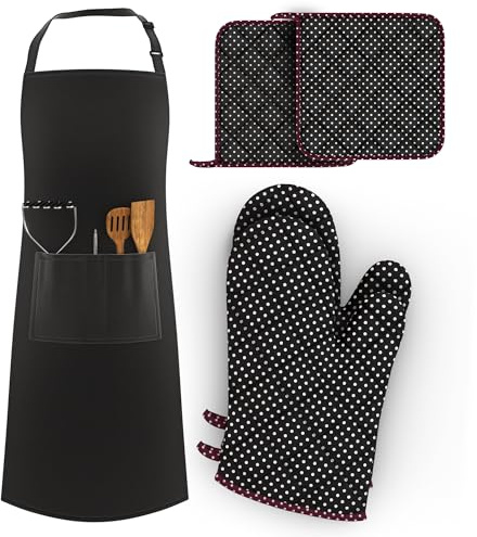 LEFUNDA® Set di 5 con 2 Guanti da Forno e 2 Presine, 1 grembiule da cucina, Cotone, Resistenti al Calore, Guanti da Griglia Antiscivolo, Presine in Cotone per Arrostire, Cucinare, BBQ, Morbida (Nero)