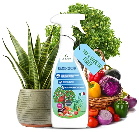 LERAVA Rame e Zolfo Spray (700 ml) - Fungicida rameico naturale per piante contro Oidio, Peronospora e macchie brune - Concime con rame, ferro, Manganese e zinco - Ideale per orto, frutteto e giardino