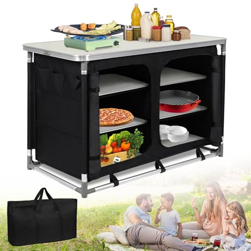 JNGLGO Campingküche Faltbar Campingschrank Outdoor Küchenschrank mit 6 Ebenen Staufächern und Tragetasche Camping Cupboard Mobile Außenküche für Park Party Picknick BBQ - 100x 50x 80 cm