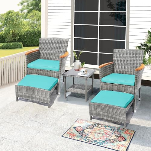 ARTBUSKE 5 PCS Outdoor Patio Furniture Set with Table&Ottoman Outdoor Furniture Patio Set Bistro Wicker Patio Set (Gray Wicker&Green Cushion, 5PC - 2 Chair + 2 Ottoman + 1 Table)