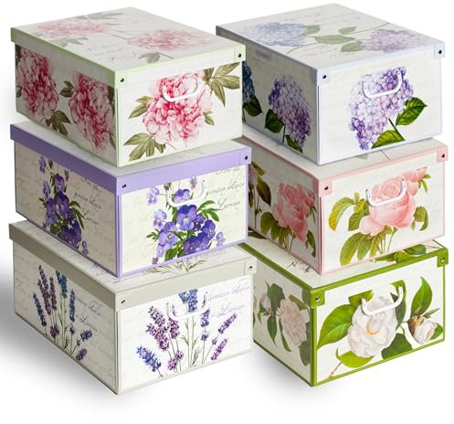 Lavatelli 6-Pack Cardboard Storage Boxes with Lids – Foldable Closet Organiser for Clothes, Linens & Toys – Decorative Floral Design – Space-Saving Wardrobe Box Set – 50x40x25 cm (19.7x15.7x9.8 in)