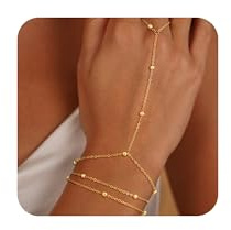 Picuzzy Hand Chain Bracelet for Women,Dainty 14k Gold Plated Beaded Ring Bracelet Hand Chain Stackable Finger Ring Slave Bracelet Set Non Tarnish Layered Adjustable Trendy Jewelry Gifts for Women