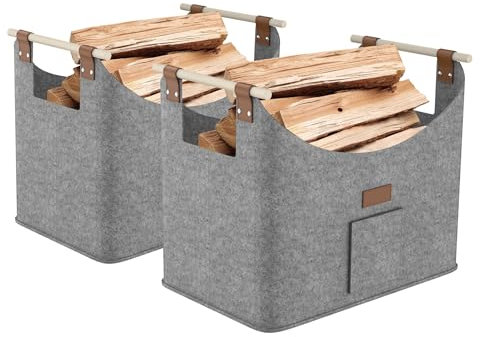 Aufun 2x Holzkorb für Kaminholz, XXL Faltbarer Brennholzkorb Filzkorb extra dicker Filz und verstärkter Griff, Groß Filztasche für Einkauf, Holz, Zeitung oder Brennholz (50x32x40 cm, Grau)