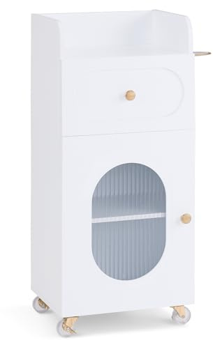 M MCombo Chariot de coiffure avec roulettes et tiroirs, chariot de service blanc, chariot de salon avec 3 étagères et support pour sèche-cheveux, 31,4x37x85,5 cm, 0051
