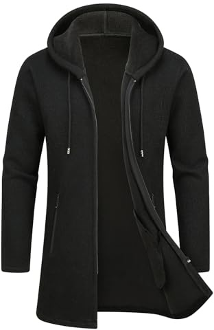 MODFUL Cardigan da uomo lavorato a maglia con cappuccio caldo maglione di media lunghezza cappotto con cerniera completa con tasche, Nero , XL