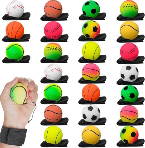MALLOOM 24 Balles de Rebond au Poignet – Balles de Sport en Caoutchouc avec Sangle et Corde, Jouets Élastiques pour Adolescents et Adultes, pour l’Exercice et le Jeu