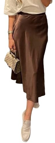 Women Satin Midi Skirt High Waist Hidden Elasticized Waistband A Line Skirt Elegant Silk Mermaid Skirts Streetwear (A-Dark Brown, S)