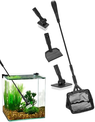 Kit de Limpieza de peceras, Kit de Limpieza Ajustable para acuarios, Cepillo raspador de Algas Reutilizable de 12 Pulgadas, diseño Resistente para acuarios plantados, Red de Mango con cerdas