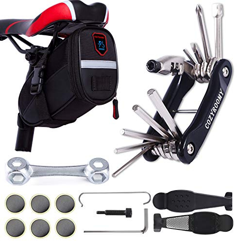 COZYROOMY Kit di attrezzi per riparazione bici per borsa da sella - Set di attrezzi per biciclette con strumento multifunzione per bici e strumento per catena, strumento per pneumatici (nero)