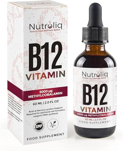 Nutroliq Vitamin B12 Liquid Drops - High-Strength 5000mcg Methylcobalamin Supplement - Energy Booster, Immune System Support, Better Concentration and Metabolism - Vegan & Vegetarian Formula - 60ml