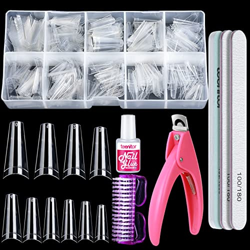 Clear Nail Tips, Artificial French Acrylic Press on Nails Set, 500 Pcs Coffin Half Cover Natural False Nails with Nail Glue Nail Files Buffer Shiner Nail Clipper & Nail Brush by Teenitor,