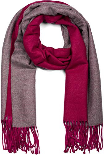 styleBREAKER Bufanda para damas en óptica noble de 2 caras con flecos, 2 colores, bufanda reversible, estola cálida de invierno multicolor 01017137, color:Frambuesa-gris oscuro