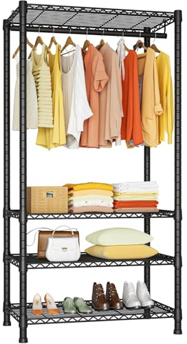 Ulif H2 Heavy Duty Clothes Rack, Freestanding 4 Tiers Garment Rack for Hanging Clothes with Shelves and Hangers, Closet Organizers and Storage Metal Closet Wardrobe System, Max Load 500 LBS, Black