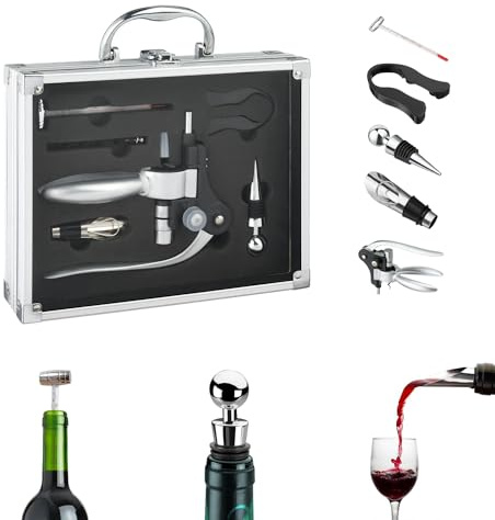 Avilia Set Attrezzi per Vino - Kit Sommelier 6 Pezzi con Valigetta, Cavatappi in Acciaio Inox e Termometro, Ideale per Esperti e Appassionati, 27.5x21.5x7cm